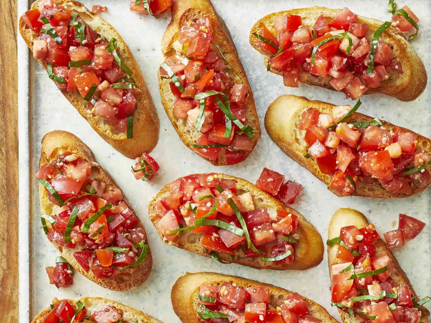 Tomato bruschetta on toasted baguette slices